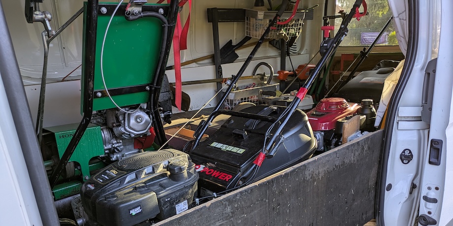 my highly efficient and well organised van for lawn mowing work